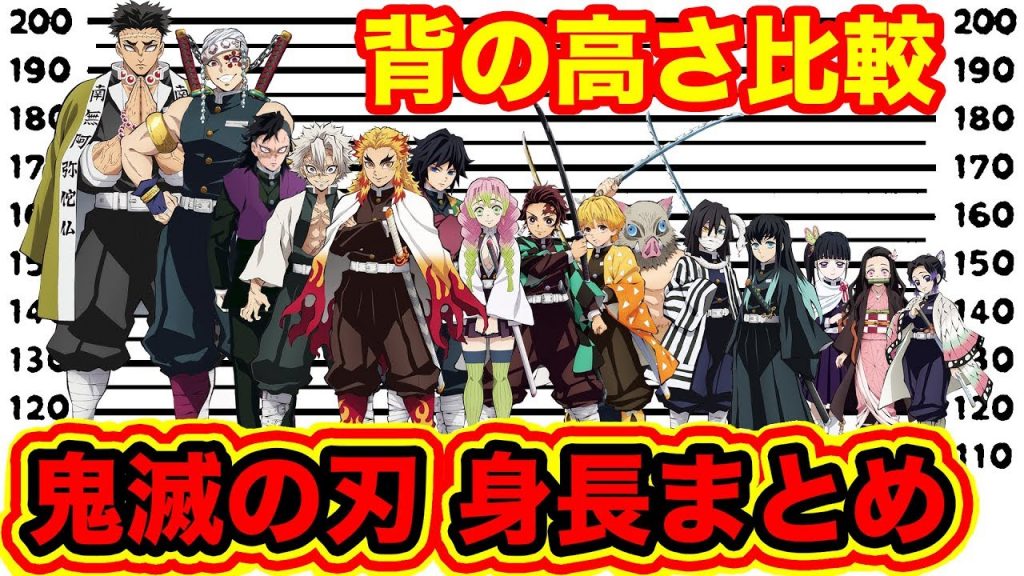 鬼滅の刃 鬼滅の刃キャラ 身長まとめ 鬼殺隊 柱の身長 炭治郎 善逸 伊之助 禰豆子 不死川玄弥 栗花落カナヲの身長比較 きめつのやいば 動画ナビ